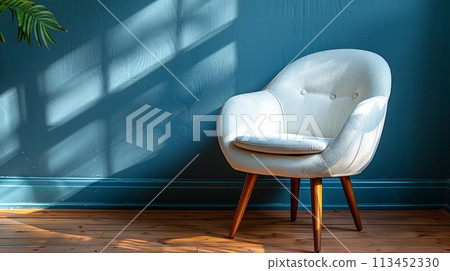 A white chair sitting in front of a blue wall with plants, AI A white chair sitting in front of a blue wall with plants, AI 113452330