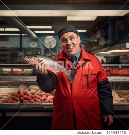 Cheerful seller holds big fish in the market. Market shopping concept with copy space for design and advertising. Cheerful seller holds big fish in the market. Market shopping concept with copy space for design and advertising. 113452358