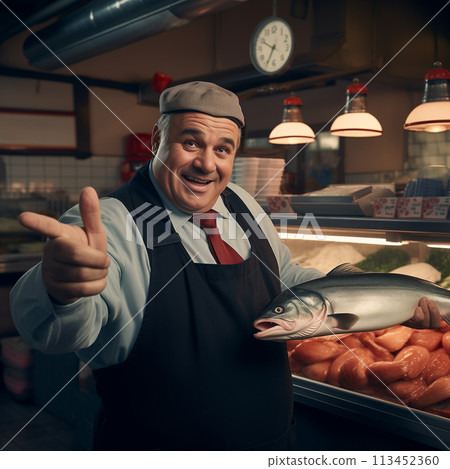 Cheerful chef holding large fish at market. Seafood market concept, copy space, design advertising 113452360