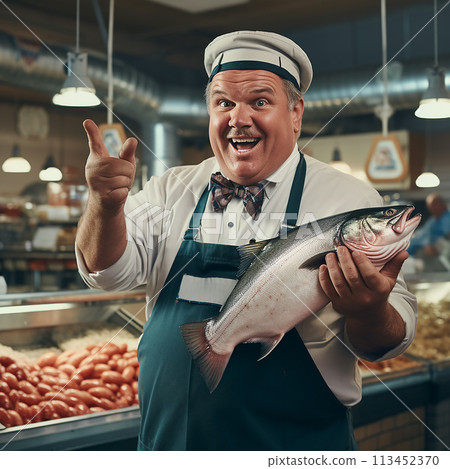 Cheerful chef holding large fish at market. Seafood market concept, copy space, design advertising 113452370