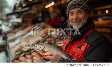 Fishmonger with fresh catch fish market. Healthy seafood concept for design and lifestyle Fishmonger with fresh catch fish market. Healthy seafood concept for design and lifestyle 113452385