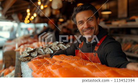 Fishmonger with fresh catch fish market. Healthy seafood concept for design and lifestyle Fishmonger with fresh catch fish market. Healthy seafood concept for design and lifestyle 113452394