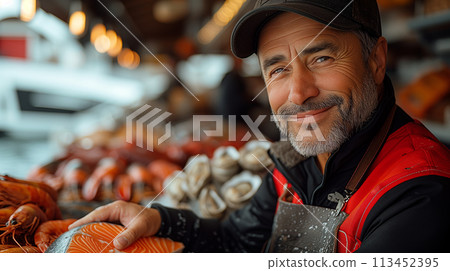Fishmonger with fresh catch fish market. Healthy seafood concept for design and lifestyle Fishmonger with fresh catch fish market. Healthy seafood concept for design and lifestyle 113452395