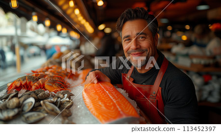 Fishmonger with fresh catch fish market. Healthy seafood concept for design and lifestyle Fishmonger with fresh catch fish market. Healthy seafood concept for design and lifestyle 113452397