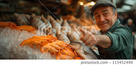 Friendly fishmonger giving thumbs-up fish market stall. Seafood market concept design advertising Friendly fishmonger giving thumbs-up fish market stall. Seafood market concept design advertising 113452499