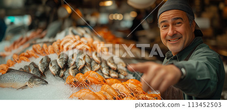 Friendly fishmonger giving thumbs-up fish market stall. Seafood market concept design advertising Friendly fishmonger giving thumbs-up fish market stall. Seafood market concept design advertising 113452503