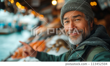 Friendly fishmonger giving thumbs-up fish market stall. Seafood market concept design advertising Friendly fishmonger giving thumbs-up fish market stall. Seafood market concept design advertising 113452504