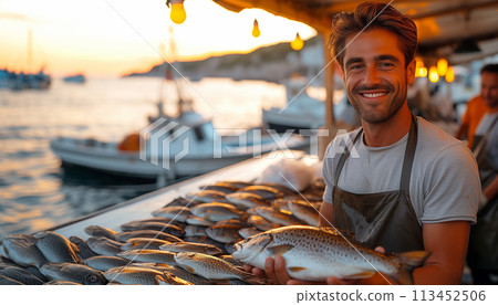 Young fishmonger with fresh catch fish market. Healthy seafood concept for design and lifestyle Young fishmonger with fresh catch fish market. Healthy seafood concept for design and lifestyle 113452506