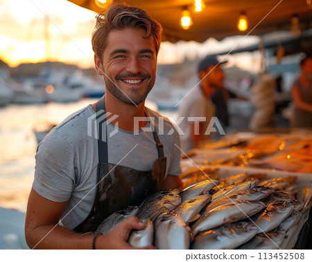 Young fishmonger with fresh catch fish market. Healthy seafood concept for design and lifestyle 113452508