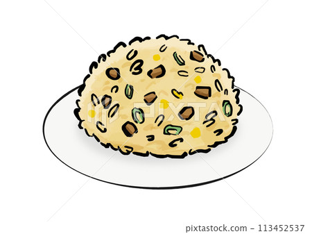 Line drawing illustration of fried rice on a plate 113452537