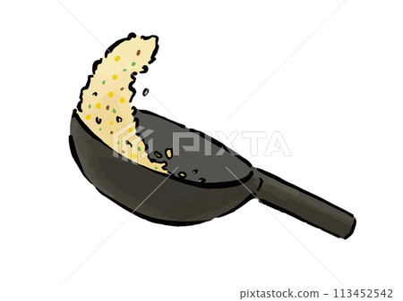 Line drawing illustration of frying fried rice and stirring a wok Line drawing illustration of frying fried rice and stirring a wok 113452542