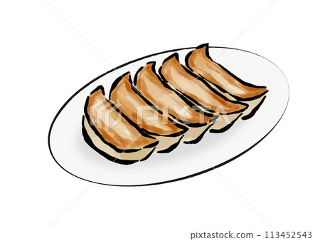 Line drawing illustration of dumplings served on a plate Line drawing illustration of dumplings served on a plate 113452543