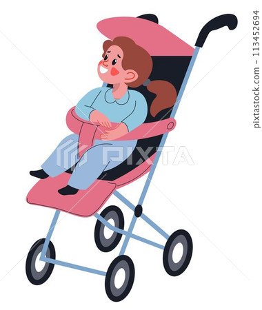 Toddler girl sitting in buggy, small kid in pram Toddler girl sitting in buggy, small kid in pram 113452694