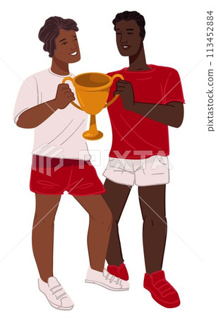 Man and woman holding trophy, competition victory 113452884
