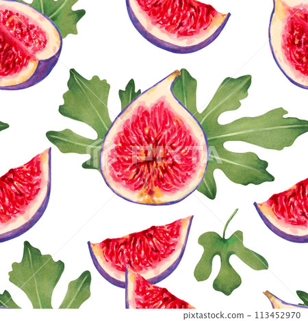 Seamless pattern of fig slices with red pulp and leaves. Botanical illustration with watercolors and markers. Tropical berries background. Hand drawn isolated art. For packaging, fabric, wallpaper. 113452970