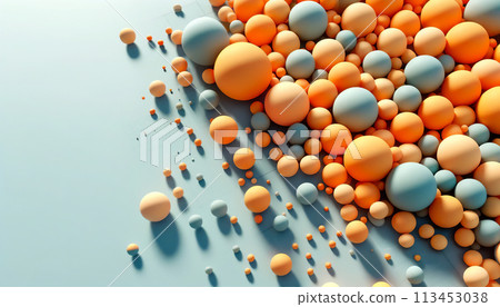 Orange spheres scattered on a light blue table 113453038