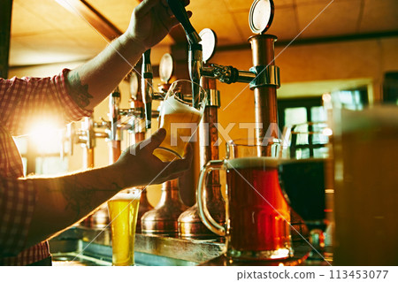 Side view of young bartender pouring beer while standing at the bar counter. Warm pub atmosphere 113453077
