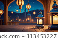 Ramadan Kareem, Lantern, Postcard: Illuminated lantern at dusk during Ramadan signifies tradition. 113453227