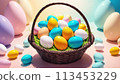 Colorful Easter Eggs in Basket, A festive Easter card featuring a woven basket brimming with vibrant, pastel-colored eggs. Perfect for springtime celebrations and holiday greetings. 113453229