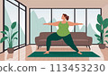 Large woman, yoga practice near sofa, leggings and top attire. Bright room, large window, floor-standing flower. 113453230