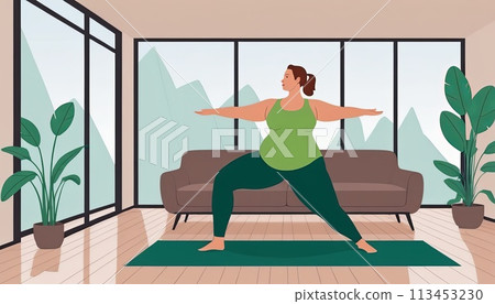Large woman, yoga practice near sofa, leggings and top attire. Bright room, large window, floor-standing flower. Large woman, yoga practice near sofa, leggings and top attire. Bright room, large window, floor-standing flower. 113453230