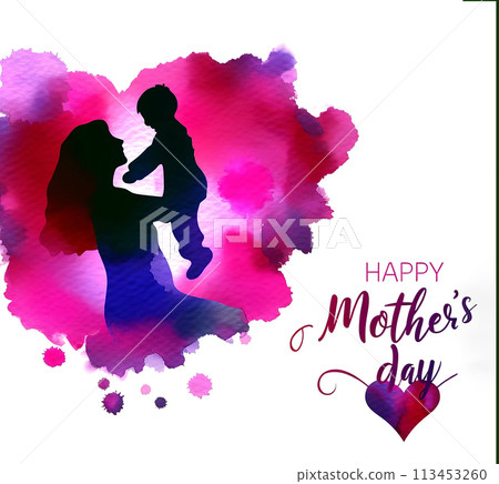Silhouette mother holding child with vibrant watercolor splash background Happy Mother's Day text 113453260