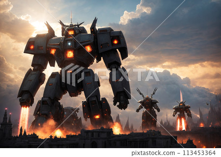 A group of robots standing in a cityscape, with flames and smoke rising from the buildings in the background. 113453364