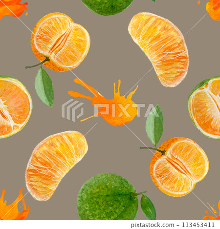 Green and orange tangerine and color splash watercolor seamless pattern on beige Green and orange tangerine and color splash watercolor seamless pattern on beige 113453411