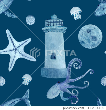 Sea creatures lighthouse watercolor hand-drawn blue monochromatic seamless pattern on blue  113453418