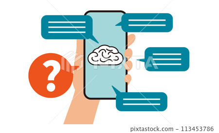Illustration of a brain on the screen of a smartphone held in hand 113453786
