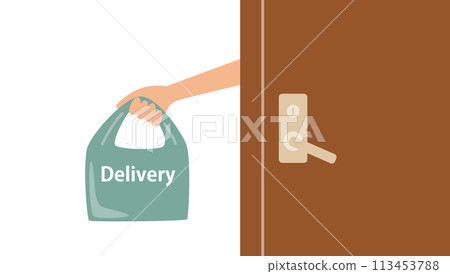 Illustration of a hand holding a delivery bag coming out of an open door 113453788