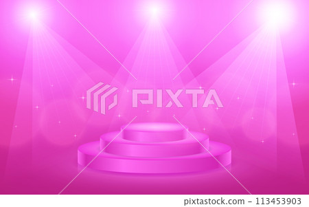 Illustration of a pink stage background illuminated by spotlights Illustration of a pink stage background illuminated by spotlights 113453903