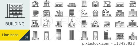 向量建築線描圖標集 113453928