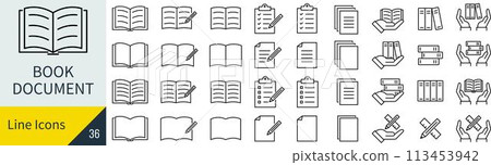 向量書籍和文檔線條畫圖標集 113453942