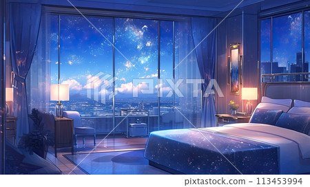 Luxury hotel bedroom at night_3 113453994