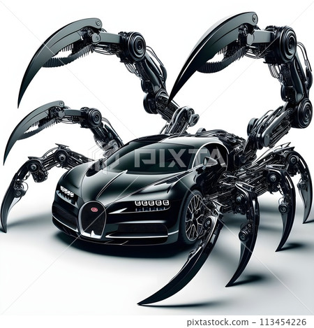 A futuristic machine that combines a giant black scorpion and a Bugatti Chiron, a car that takes the form of a living being. 113454226