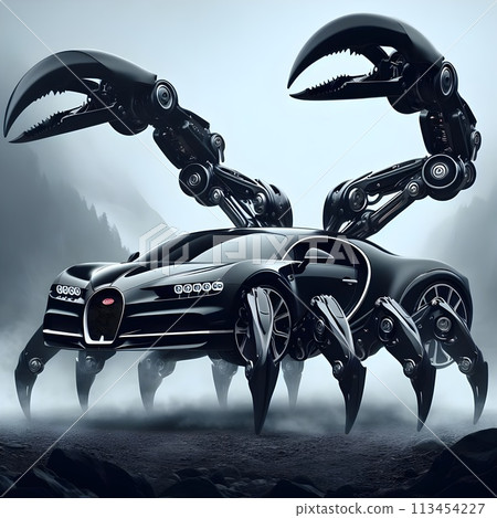 A futuristic machine that combines a giant black scorpion and a Bugatti Chiron, a car that takes the form of a living being. 113454227