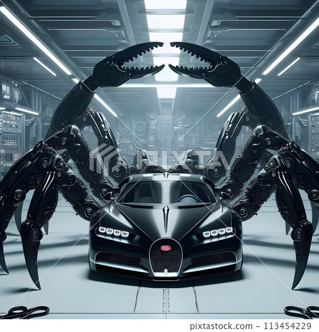 A futuristic machine that combines a giant black scorpion and a Bugatti Chiron, a car that takes the form of a living being. 113454229