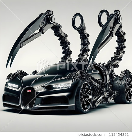 A futuristic machine that combines a giant black scorpion and a Bugatti Chiron, a car that takes the form of a living being. A futuristic machine that combines a giant black scorpion and a Bugatti Chiron, a car that takes the form of a living being. 113454231
