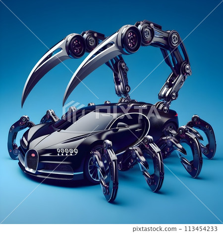 A futuristic machine that combines a giant black scorpion and a Bugatti Chiron, a car that takes the form of a living being. 113454233