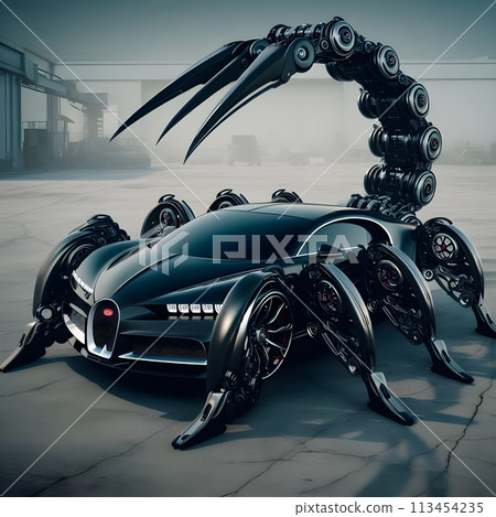 A futuristic machine that combines a giant black scorpion and a Bugatti Chiron, a car that takes the form of a living being. 113454235