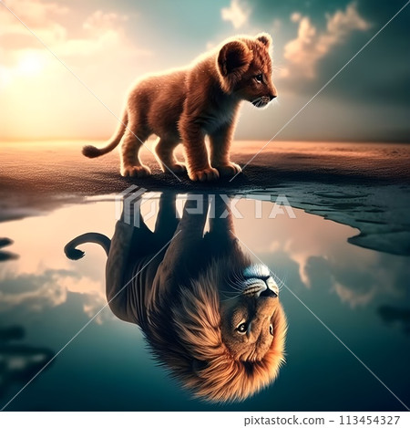 A lion cub is pictured looking into the water and seeing its reflection, just like an adult lion. 113454327