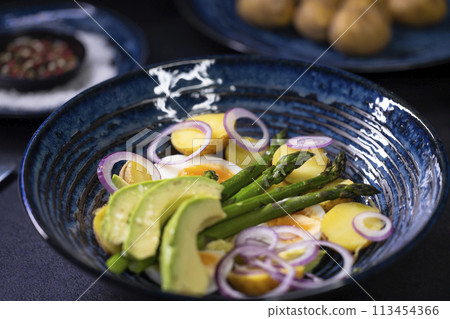 Potato salad with avocado, green asparagus and eggs Potato salad with avocado, green asparagus and eggs 113454366