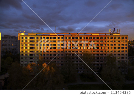 Old block of flats - apartment building made from concrete panels in communist era in eastern Europe, Prague, Czech Republic 113454385