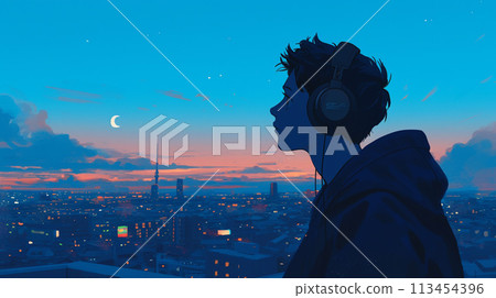 A man wearing headphones walking while looking at the night view 113454396