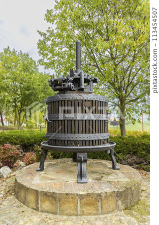 Old wine press near Castello di Razzano and Alfiano Natta, Barolo wine region, province of Cuneo, region of Piedmont, Italy 113454507