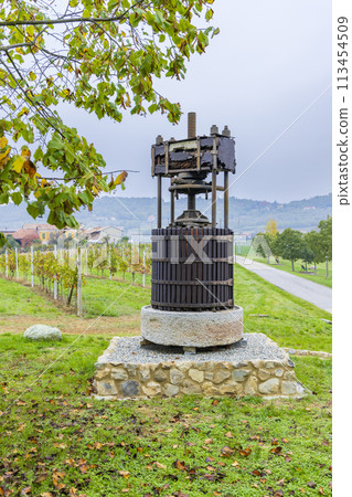 Old wine press near Castello di Razzano and Alfiano Natta, Barolo wine region, province of Cuneo, region of Piedmont, Italy 113454509