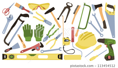 Construction instruments. Vector set of isolated work tools for repair. 113454512