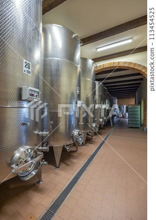 Modern production wine cellar with stainless steel tank, Canale, Piedmont, Italy Modern production wine cellar with stainless steel tank, Canale, Piedmont, Italy 113454525