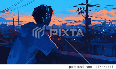 A high school boy watching the sunset from the balcony 113454551